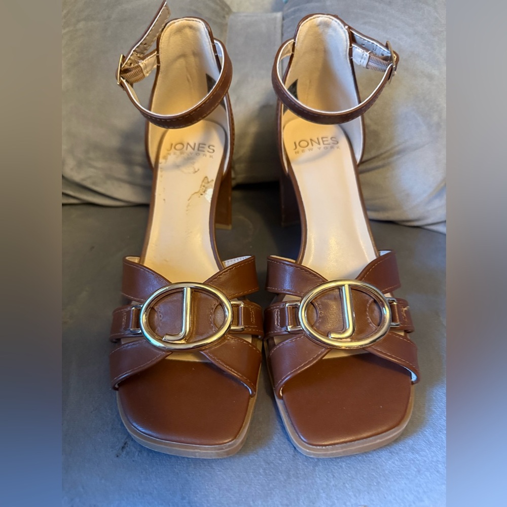 Jones New York Brown Leather Ankle-Strap Block Heel Sandals
